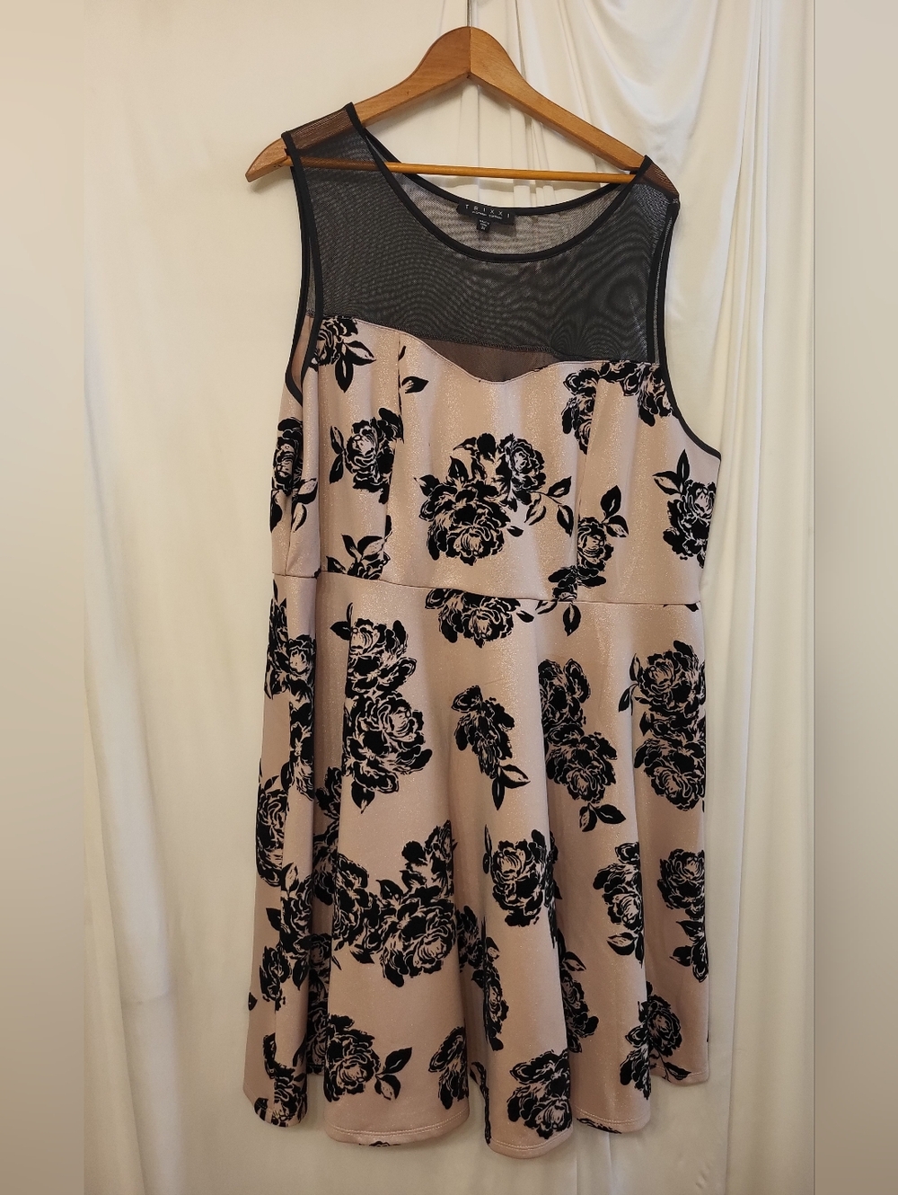 Trixxi Blush Pink Dress with Black Floral & Sheer Mesh Yoke